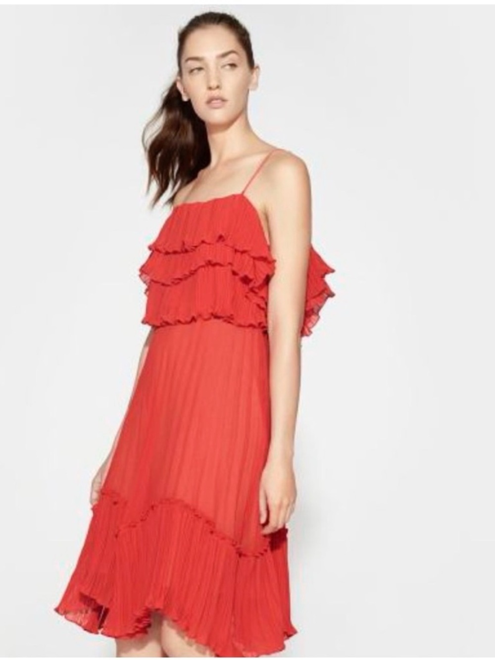 Halston Heritage Plisse Ruffle Tie Back Mini Dress Small Red Coquette Spring